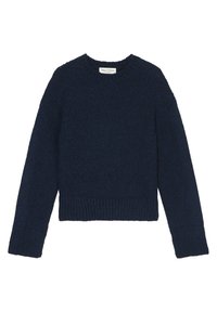 Dunkelblauer Strickpullover mit rundem Halsausschnitt, langen Ärmeln und gerippten Bündchen und Saum. Die strukturierte Stoffqualität bietet Wärme.