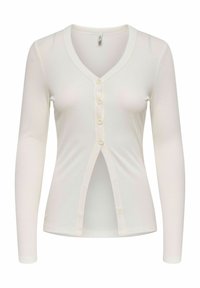 Cardigan bianco a coste con maniche lunghe, scollo a V e chiusura frontale con bottoni, caratterizzato da bottoni evidenti e dettaglio a spacco all'orlo.