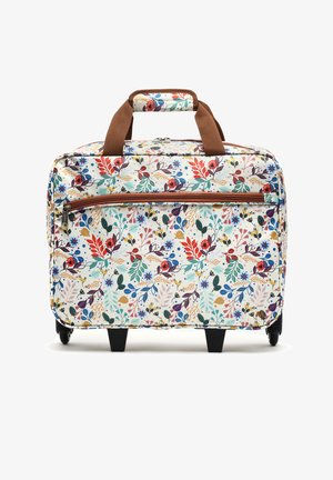 Wheeled bag with floral pattern in multiple colors, featuring a cream background, brown handles, and a front zip pocket.