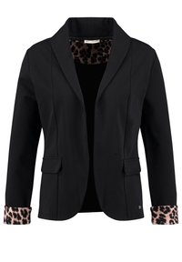 Schwarze maßgeschneiderte Blazer mit einem leopardgemusterten Futter, das an umgeschlagenen Manschetten und im Kragen sichtbar ist, mit Klappentaschen auf der Vorderseite.