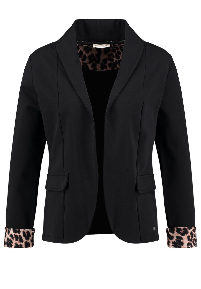 Schwarze maßgeschneiderte Blazer mit einem leopardgemusterten Futter, das an umgeschlagenen Manschetten und im Kragen sichtbar ist, mit Klappentaschen auf der Vorderseite.