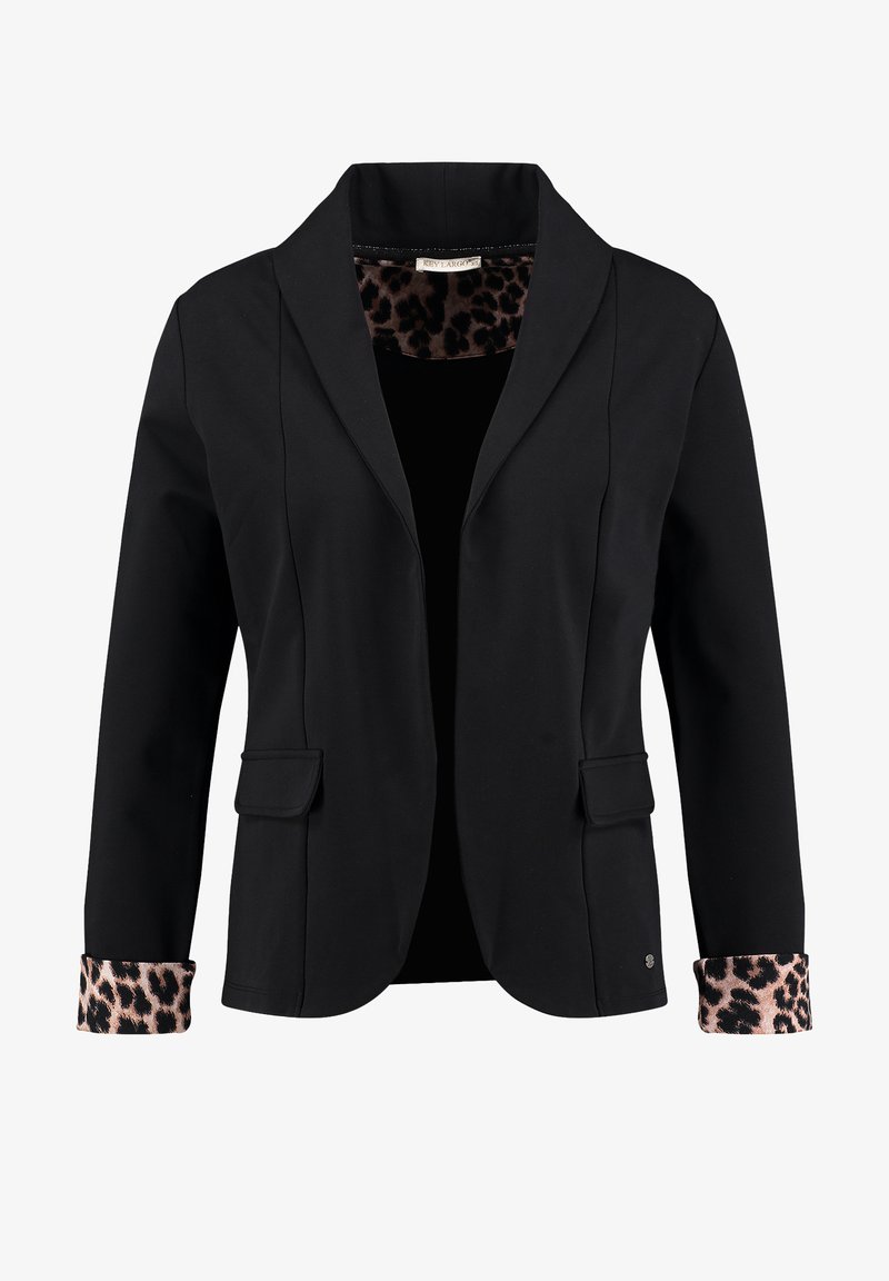 Schwarze maßgeschneiderte Blazer mit einem leopardgemusterten Futter, das an umgeschlagenen Manschetten und im Kragen sichtbar ist, mit Klappentaschen auf der Vorderseite.