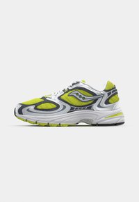 Running shoe featuring a mesh upper in white and neon yellow with gray accents, a rounded toe, and a cushioned sole for support.