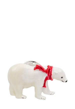 White polar bear figurine with a red scarf, smooth ceramic finish, silver hardware, standing on four legs with detailed facial features.