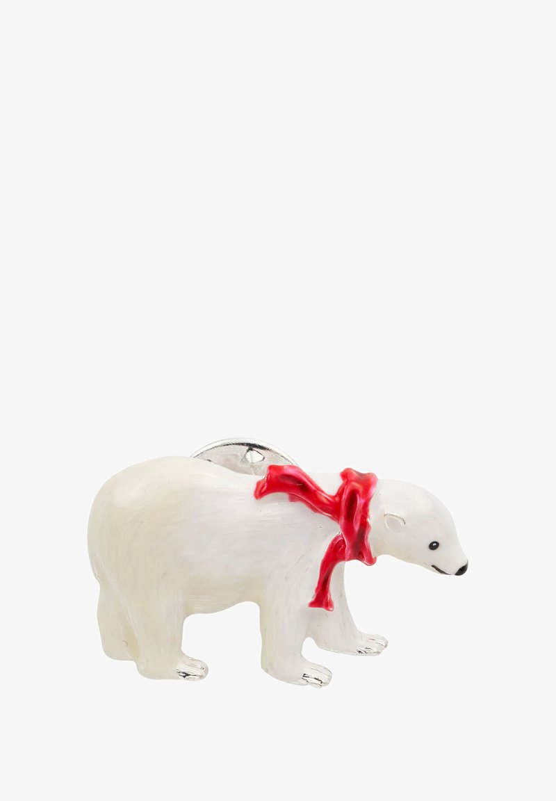 Bela polarna medvedka figurica z rdečim šalom, gladka keramična zaključna obdelava, srebrni okrasni elementi, stoji na štirih nogah z natančno oblikovanimi obraznimi značilnostmi.
