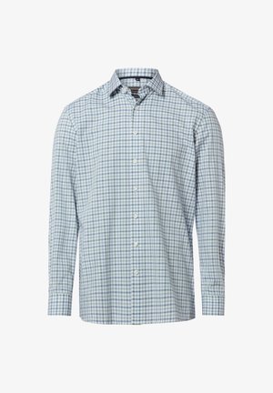 Herrenhemd mit langen Ärmeln, Knopfleiste, blau-grün kariertem Muster und klassischem Kragen auf weißem Hintergrund.