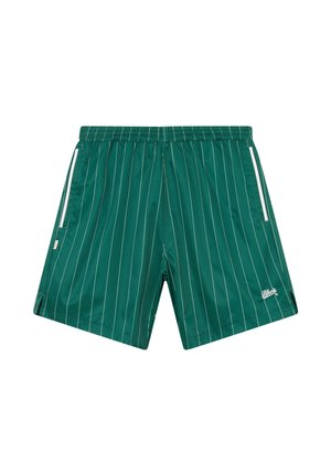 Pantaloncini verdi di media lunghezza con sottili righe verticali bianche, vita elastica, tasche laterali con bordo bianco e un piccolo logo bianco sulla gamba sinistra.