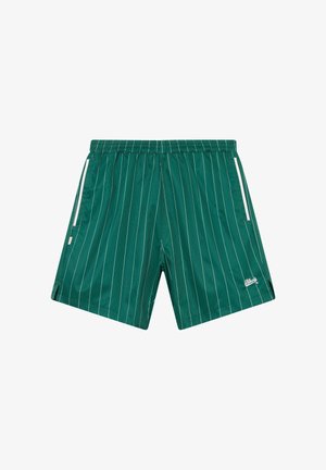 Green, mid-length shorts with white vertical pinstripes, elastic waistband, side pockets with white trim, and a small white logo on the left leg.