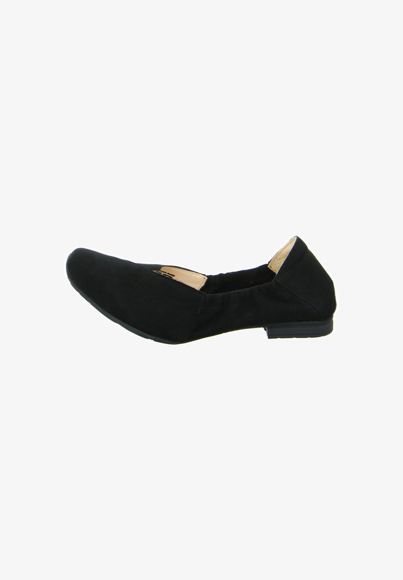 Schwarze Wildlederschuhe mit spitzem Zeh, weicher Textur und leicht erhöhtem Absatz. Einfaches Design, keine sichtbaren Beschläge oder Verzierungen.