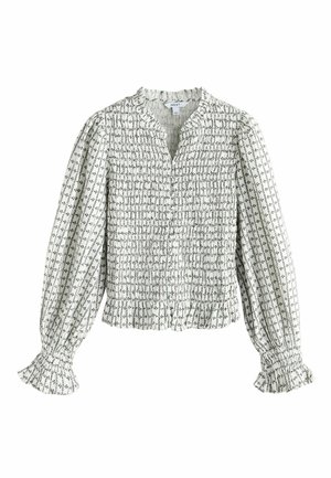 Weiße Langarmbluse mit schwarzem Blumenmuster, gerafftem Oberteil, elastischen Rüschenärmeln und kleinem Stehkragen mit leichtem V-Ausschnitt.