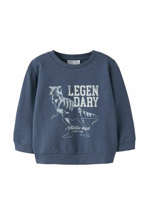 Børns mørkeblå sweatshirt med hvid dinosaurgrafik og teksten "LEGENDARY Athletic dept. since 1986" på forsiden.