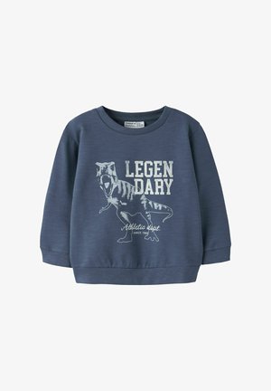 Kinderen donkerblauwe sweatshirt met witte dinosaurusafbeelding en de tekst "LEGENDARY Athletic dept. sinds 1986" aan de voorkant.