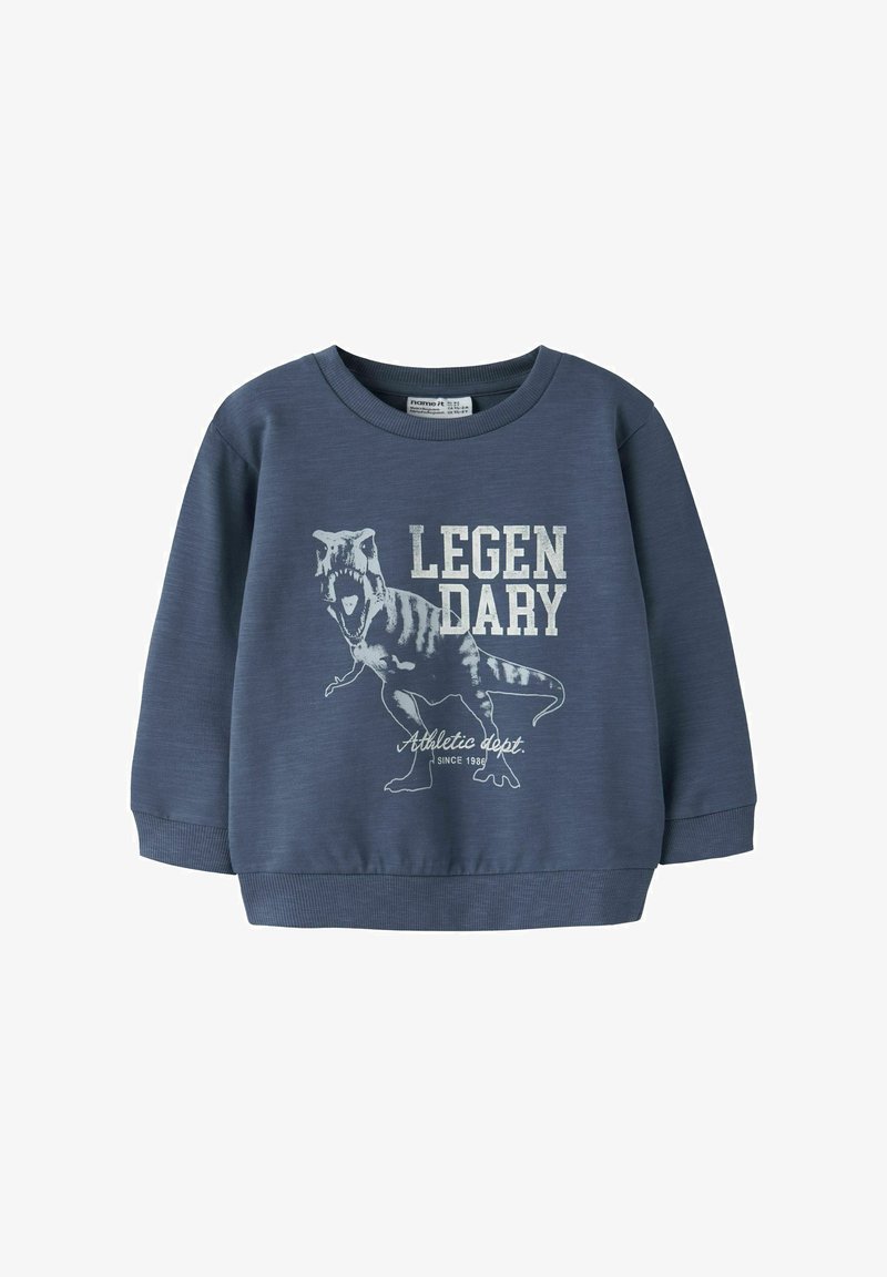 Børns mørkeblå sweatshirt med hvid dinosaurgrafik og teksten "LEGENDARY Athletic dept. since 1986" på forsiden.