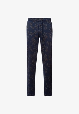 Námořnické modré kalhoty s květinovým vzorem v hnědé barvě, vyrobené z měkké tkaniny. Mají elastický pas s šňůrkou pro nastavitelnou velikost.