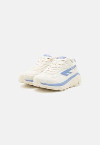White sneakers with light blue accents, featuring a textured upper, thick sole, and lace-up design. Branding visible on tongue and side.