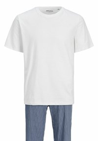 T-shirt en coton blanc à manches courtes et encolure ronde, associé à des pantalons de pyjama rayés verticalement bleu et blanc.