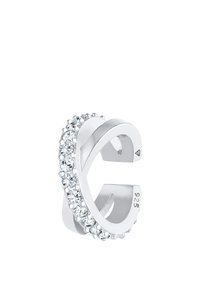 Orecchino d'argento con un design curvo e aperto che presenta una fila di cristalli trasparenti lungo un lato. Marchiato con "925" per argento sterling.