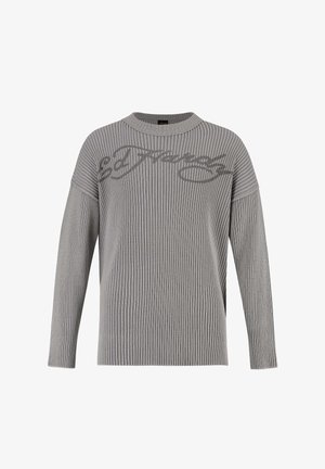 Grey ribbed knit sweater with a round neckline, drop shoulders, and a textured surface. Features the "Ed Hardy" logo in darker grey across the front.