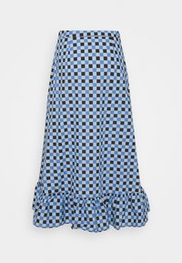 Midikleid mit schwarz-blauem Karomuster und volantiertem Saum auf einem schlichten weißen Hintergrund.