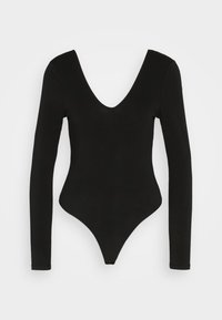 Svart långärmad bodysuit med djup V-ringning, tillverkad av stretchigt material, med en figursydd design och tygback för en slank profil.