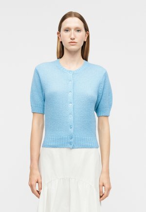 Kvinde iført en lyseblå kortærmet knappet cardigan og en hvid nederdel, stående mod en ensfarvet lys baggrund.