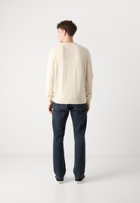 Light beige knit sweater with a crew neckline, worn with dark blue jeans and brown shoes. The back view displays a simple design.