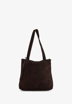 Braune Wildleder-Shopper-Tasche mit zwei Schulterriemen, einer einfachen rechteckigen Form und einem Reißverschluss am oberen Verschluss. Verfügt über eine strukturierte Oberfläche.
