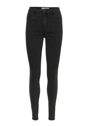 Jeans skinny in denim nero scuro, vita alta con chiusura frontale a bottoni e quattro tasche. Il tessuto ha una finitura liscia e leggermente strutturata.