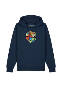Marineblaue Kapuzenjacke mit einem bunten, pixelierten Rubik's Cube-Design auf der Vorderseite. Hergestellt aus weichem Stoff, mit einer Fronttasche und einem Kordelzug an der Kapuze.