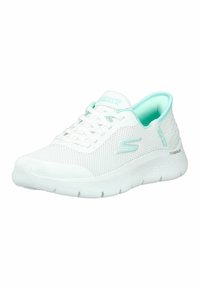 White mesh athletic shoe with light blue accents, rounded toe, and textured sole. Features laces and branding on the side and tongue.