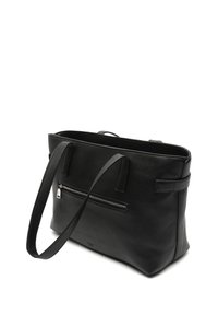 Black leather tote bag with a smooth texture, two long handles, and a front zippered pocket. Features a rectangular shape and minimalist design.