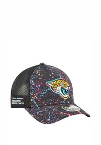 Black cap with a colorful splatter pattern, featuring a yellow jaguar logo on the front and a mesh back. Textured fabric with structured brim.