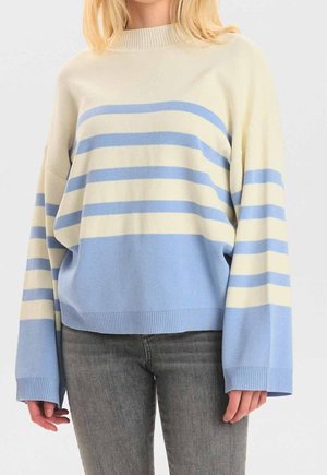 Striped pullover sweater in cream and light blue. Features a ribbed neckline and cuffs, with relaxed fit and soft knit texture.