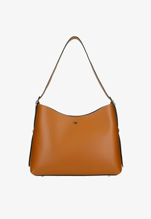 Borsa a spalla in pelle marrone con una superficie liscia, parte superiore curva e dettagli neri. Presenta un logo sulla parte anteriore e una sola tracolla.