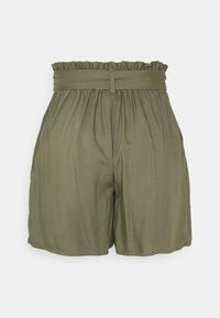Olive green shorts with a ruffled waist, elastic band, and relaxed fit. Made from soft fabric with minimal stitching details.