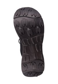 Zwarte wandelschoen zool met een robuust ontwerp, diepe profiel en contrasterende textuurpatronen voor grip op verschillende terreinen.