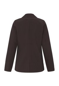 Blazer noir à manches longues avec col cranté, vu de dos sur fond blanc uni.