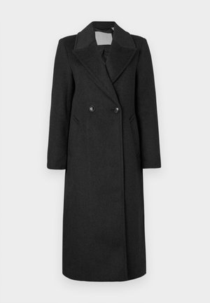 Black wool long coat with a double-breasted design, large notched lapels, and two front pockets. Smooth texture and tailored fit.