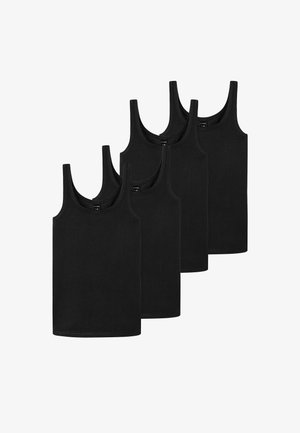 Four black cotton tank tops with wide straps and a straight cut, featuring a smooth texture and plain design without patterns or accents.