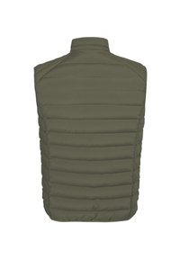 Gevoerde mouwloze vest in olijfgroen met horizontale stiksels, hoge kraag en een gladde textuur. Geen zichtbare hardware of zakken.