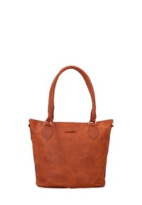 Borsa tote in pelle marrone con doppi manici, forma arrotondata e dettagli di cucitura sottili. Presenta accentuazioni decorative a forma di foglia.