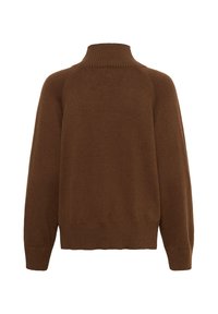 Pull en maille marron à manches longues avec un col montant côtelé, des poignets côtelés et un ourlet côtelé, vu de dos sur fond blanc.