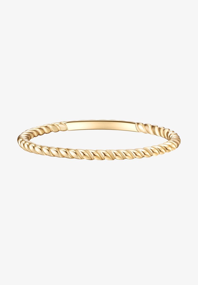 Auksinės spalvos susuktas bangle apyrankė su lygiu, suapvalintu vidumi ir tekstūriniu, susuktu dizainu išorėje.