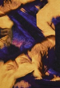 Colorful fabric featuring an abstract pattern with shades of blue, purple, and gold. It has a smooth texture with a flowing design.