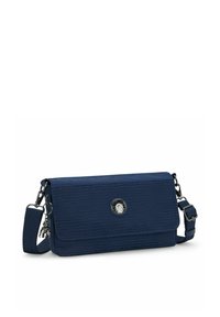 Borsa a tracolla blu navy con tessuto testurizzato, chiusura a calamita, tracolla regolabile e logo rotondo sul davanti.