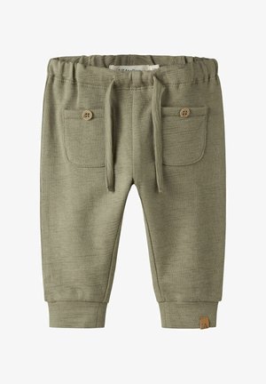 Sanfte olivgrüne Kleinkinderhose mit elastischem Bund, vorderer Kordelzug, zwei vorderen Taschen mit Knöpfen und gerippten Bündchen.