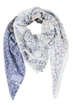 Lekki szalik z niebiesko-szarym wzorem w panterkę, luźno złożony, z widoczną metką marki w jednym rogu.