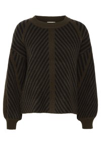 Pull en maille brun avec des rayures diagonales navy, col rond et manches bouffantes, présentant un motif texturé sur l'ensemble.