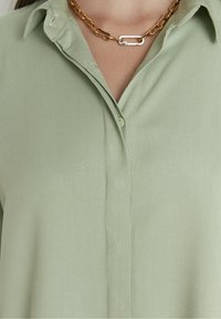 Light green blouse with a smooth texture, button front, and fold-down collar. Accented with a gold chain necklace featuring a silver clasp.
