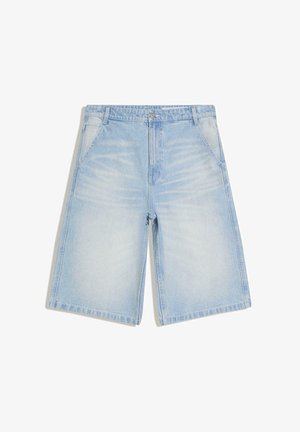 Light blue denim knee-length shorts with front pockets, belt loops, and a button closure on a white background.